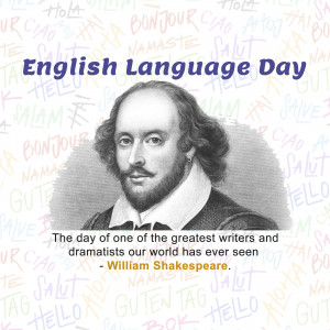 Image celebrating English Language Day with a portrait of William Shakespeare and greetings in multiple languages.