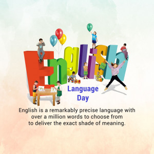 Illustration of people celebrating English Language Day with colorful letters and balloons.