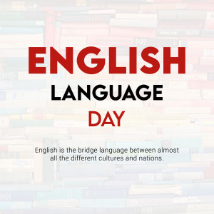 Image celebrating English Language Day with books in the background and the text 'English Language Day'
