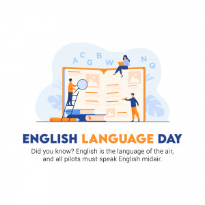 Illustration depicting people interacting with a large open book with the text 'English Language Day'.