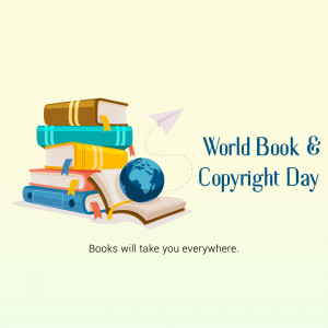 Stack of books with a paper airplane and globe, celebrating World Book & Copyright Day