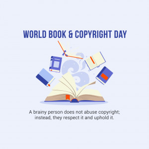 Illustration of flying books and a clock with text celebrating World Book & Copyright Day.