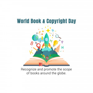 Illustration celebrating World Book & Copyright Day with books, a rocket, and educational symbols.