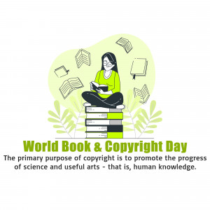 Illustration of a woman reading on a stack of books with floating books around her, celebrating World Book & Copyright Day.