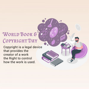 Illustration depicting a man reading with books and copyright symbols surrounding him, celebrating World Book & Copyright Day.