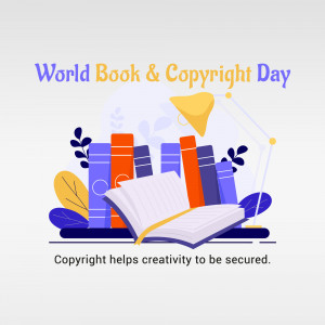 Illustration for World Book and Copyright Day featuring books and a lamp.