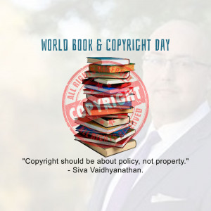 Stack of books with copyright symbol and quote about copyright policy