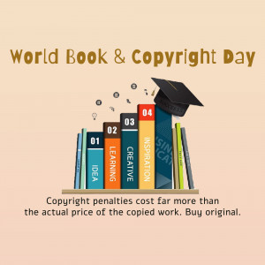 Illustration depicting stacked books with a graduation cap, celebrating World Book & Copyright Day.
