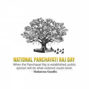 Illustration of a tree with people gathered beneath it, with text 'National Panchayati Raj Day' and a quote by Mahatma Gandhi.