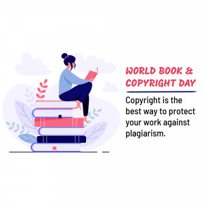 Illustration of a woman reading on a stack of books with text celebrating World Book & Copyright Day.