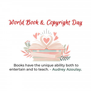 Illustration for World Book & Copyright Day featuring an open book with hearts and floral elements.