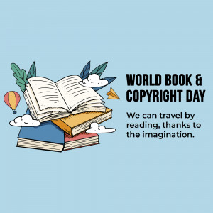 Illustration of stacked books with an open book on top, a hot air balloon, and a paper airplane, celebrating World Book & Copyright Day.