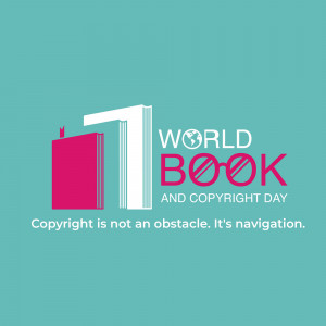 Illustration of a stack of books with the number 1 and text celebrating World Book and Copyright Day.