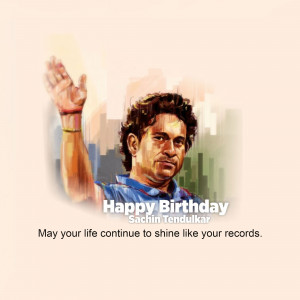 Digital art portrait of Sachin Tendulkar with a cityscape background and birthday wishes.