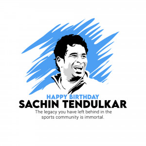 Portrait of Sachin Tendulkar with a blue brushstroke background and birthday wishes.