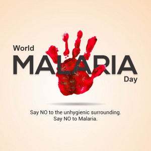 Red handprint with the text 'World Malaria Day' and a call to action against unhygienic surroundings.