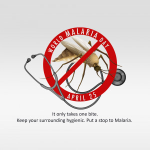 World Malaria Day poster with a mosquito and stethoscope crossed out