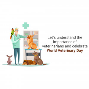 Illustration of a veterinarian with various animals, promoting World Veterinary Day.