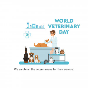 Illustration for World Veterinary Day featuring a veterinarian with animals.