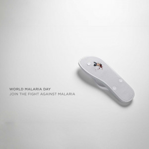 A white flip-flop with a malaria awareness graphic on it, placed on a white background with text 'World Malaria Day - Join the fight against Malaria'.