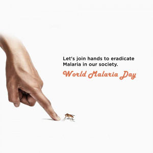 A hand reaching towards a mosquito with text promoting World Malaria Day and eradication of malaria.