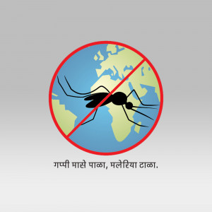 A red circle with a line through a mosquito over a world map, symbolizing malaria prevention.