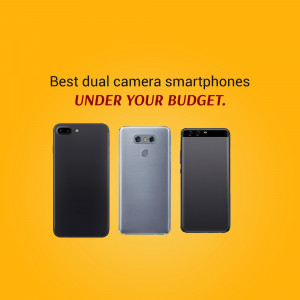 Three smartphones with dual cameras displayed on a yellow background with text promoting affordable options.