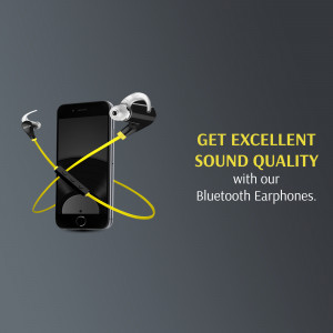 Wireless Bluetooth earphones with a smartphone, promoting excellent sound quality.