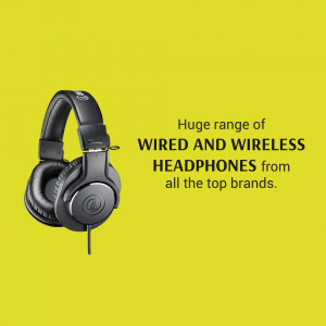 Black Audio-Technica headphones on a yellow background with text promoting wired and wireless headphones.