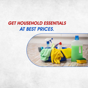 Cleaning supplies arranged on a wooden floor with promotional text.