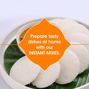 Close-up of Idli with orange banner promoting instant mixes