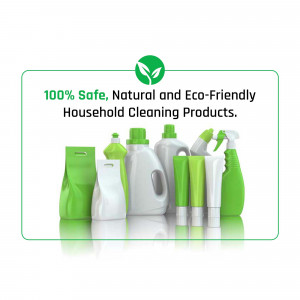 Assortment of eco-friendly household cleaning products with a green leaf symbol.