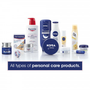 Assortment of Nivea and Eucerin skincare and personal care products on a white background.