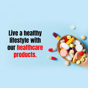 Assorted pills and capsules in a wooden spoon with text promoting a healthy lifestyle.