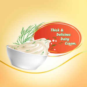 A bowl of thick dairy cream with dill garnish and a red oval background.