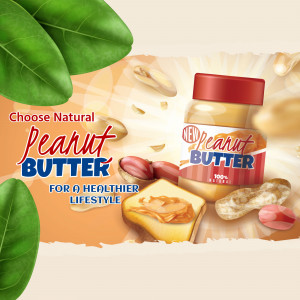Advertisement for natural peanut butter with peanuts, bread, and a jar of peanut butter.