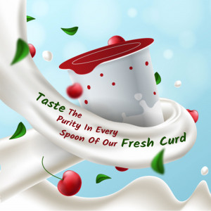 Image of fresh curd pouring with cherries and green leaves, promoting purity and taste.