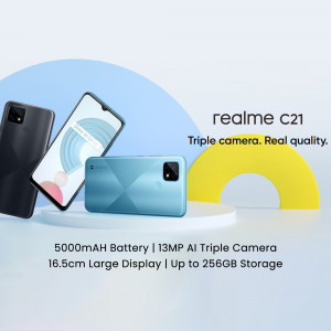 Realme C21 smartphone in blue and black colors with key features highlighted.