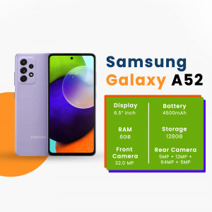 Purple Samsung Galaxy A52 smartphone with specifications