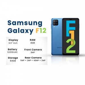 Image of a Samsung Galaxy F12 smartphone with specifications