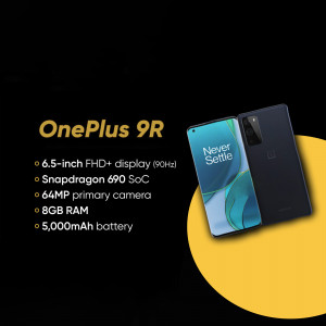 OnePlus 9R smartphone with key specifications highlighted