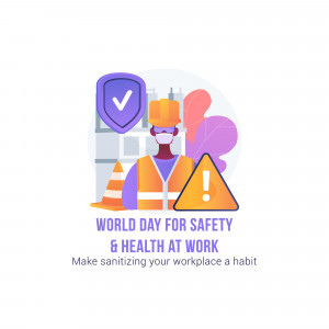 Illustration of a construction worker wearing safety gear and a mask, with safety symbols, promoting workplace safety and health.