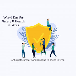 Illustration depicting people working around a shield with a checkmark, symbolizing safety and health at work.