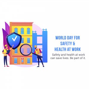 Illustration promoting World Day for Safety and Health at Work with construction workers and safety shield.