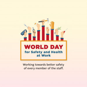 Illustration of hands holding various work tools with text 'World Day for Safety and Health at Work'