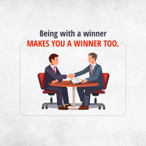 Two businessmen shaking hands across a table with motivational text.