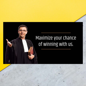 Lawyer in a suit and robe holding books with text 'Maximize your chance of winning with us.'