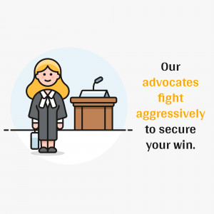 Illustration of a female lawyer standing in front of a podium with text about aggressive legal representation.