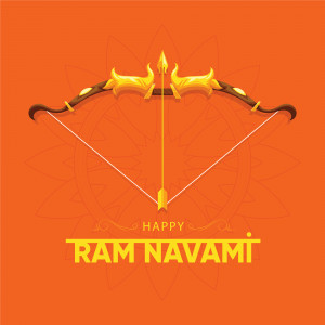 Illustration of a golden bow and arrow with a floral background and 'Happy Ram Navami' text.