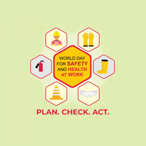 Illustration depicting safety equipment and the message 'World Day for Safety and Health at Work'